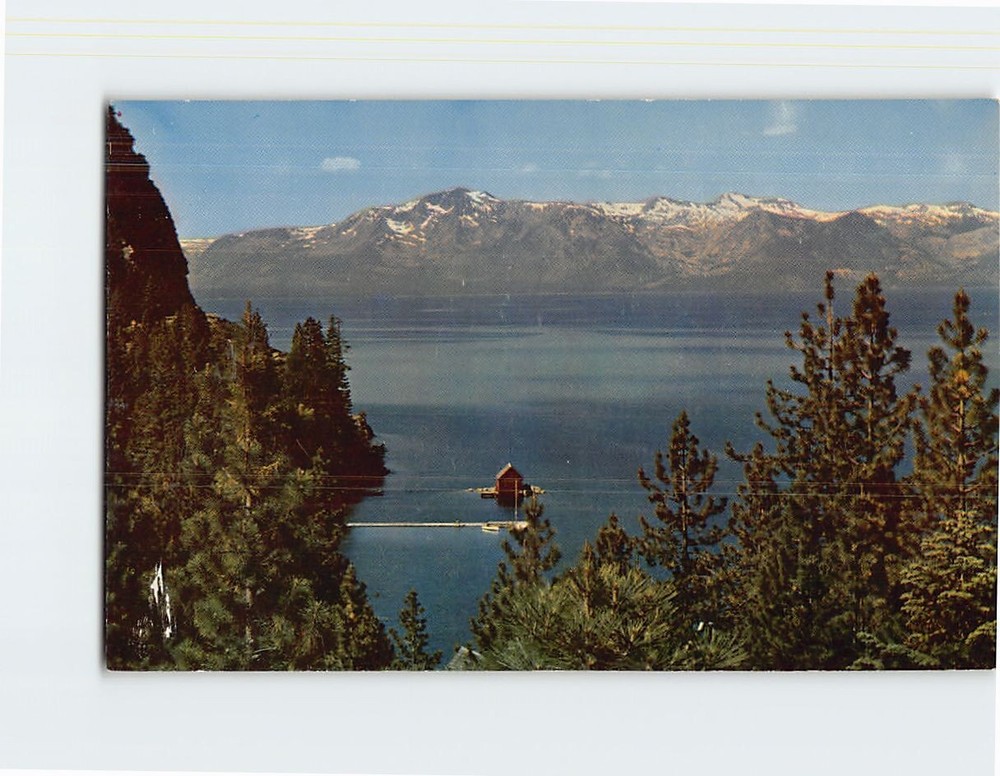Postcard Nevada Shore Cave Rock Snowclad Mountains Lake Tahoe Nevada USA