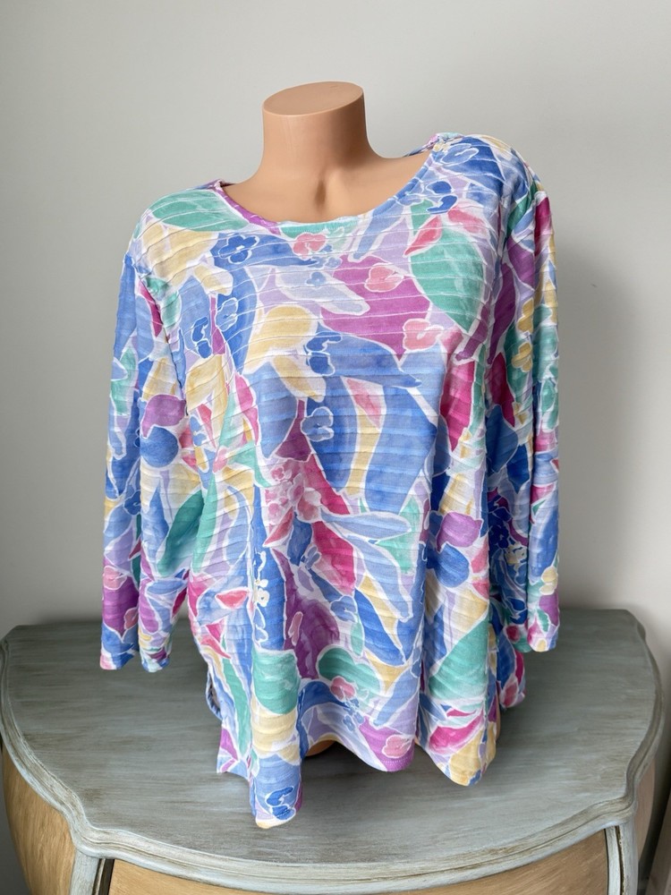 Alfred Dunner Top Women’s 3X Blue 3/4 Slv Blouse Pastels Floral Spring Summer