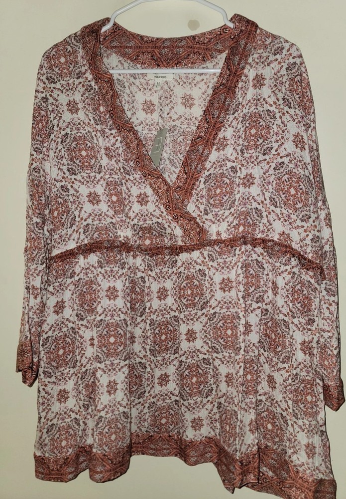 Maurices White Pink Floral Faux Wrap Tunic Top Elbow Sleeve Size L New