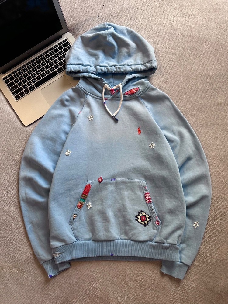 Polo Ralph Lauren Patchwork Embroidered Hoodie Blue Size S