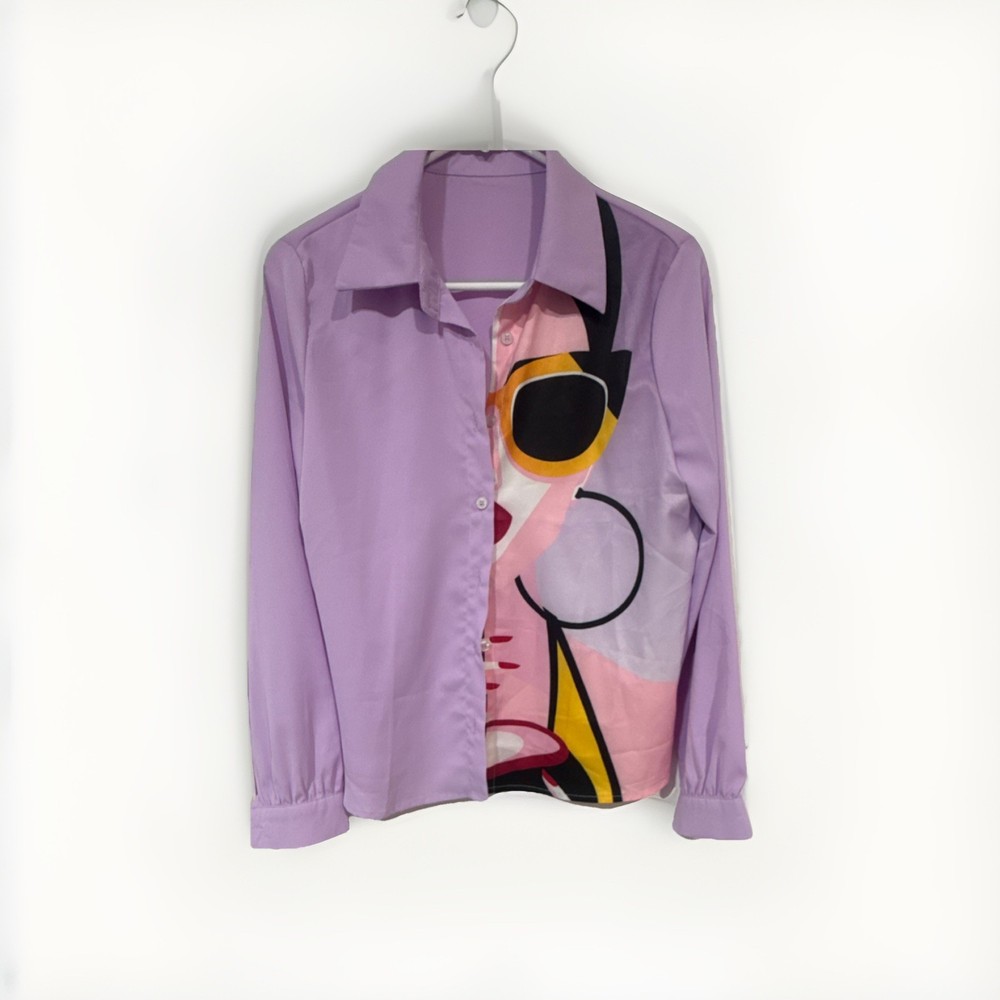 Graphic Print Collared Button-Up Blouse Purple Art Theme Long Sleeve Polyester