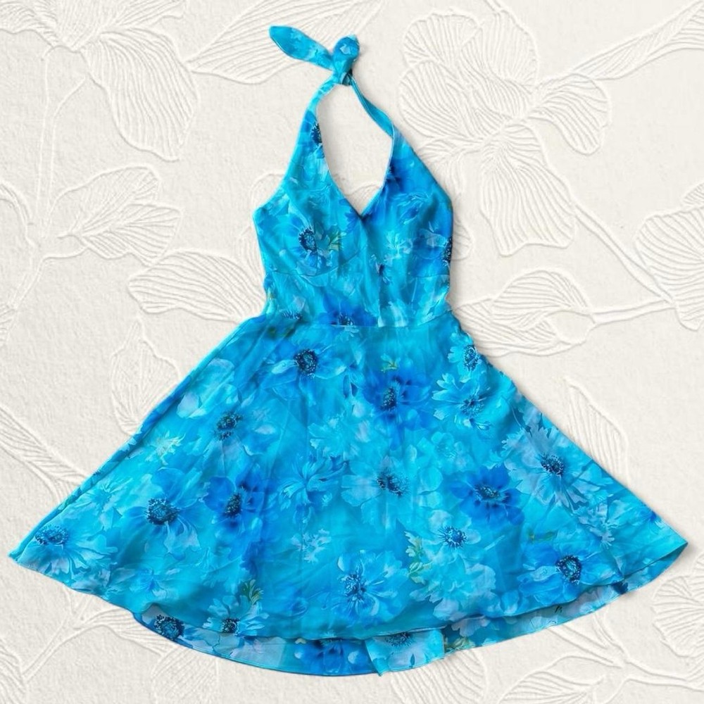 Vintage Studio k Blue Floral Halter Midi Dress Size 10