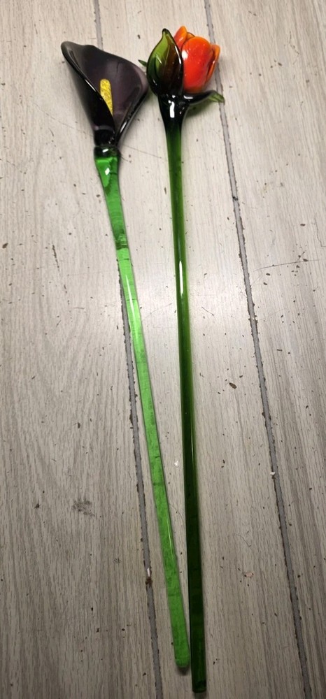 Vtg Murano Style Hand Blown Art Glass Long Stem Flowers Orange Tulip Calla Lily