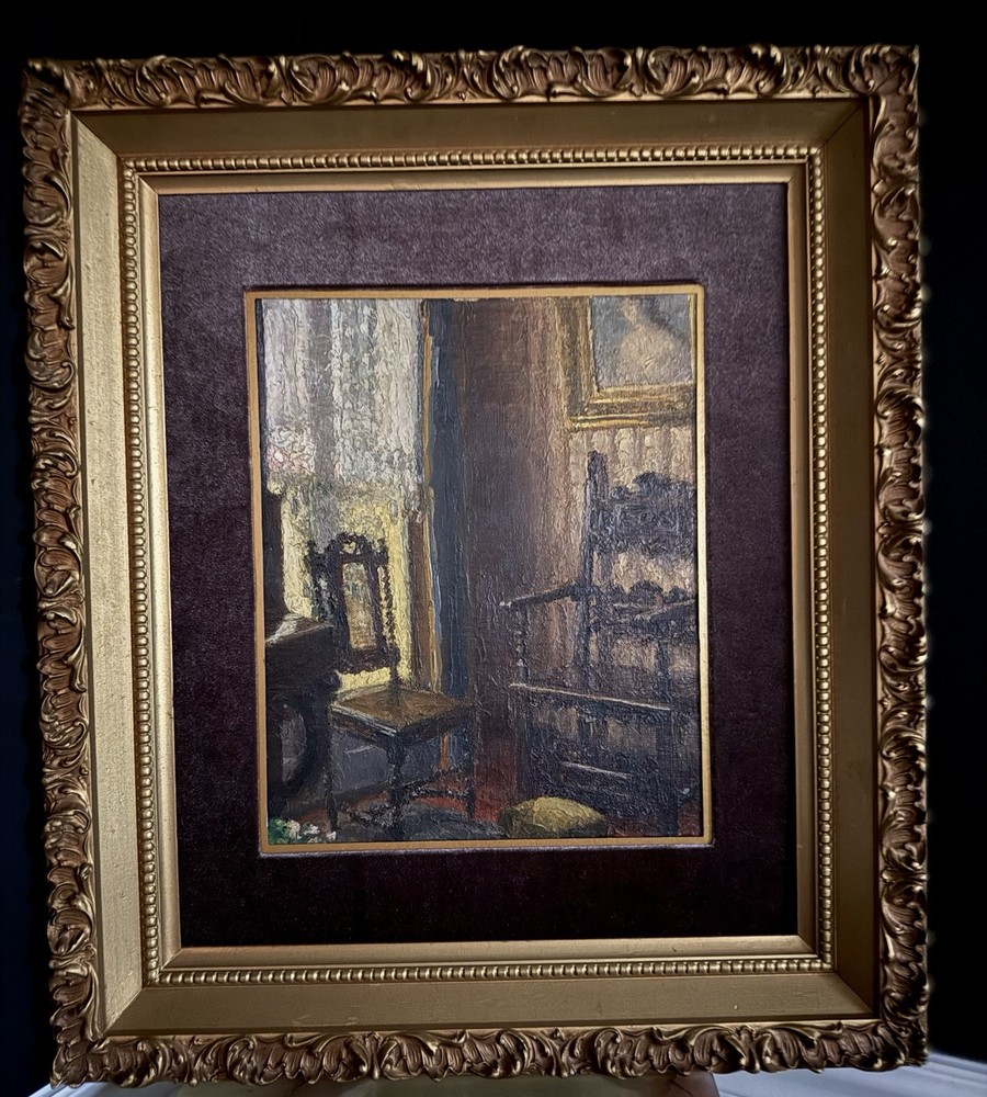 Attributed Eugène Baudin Antique French Interior Oil Painting 19th Century