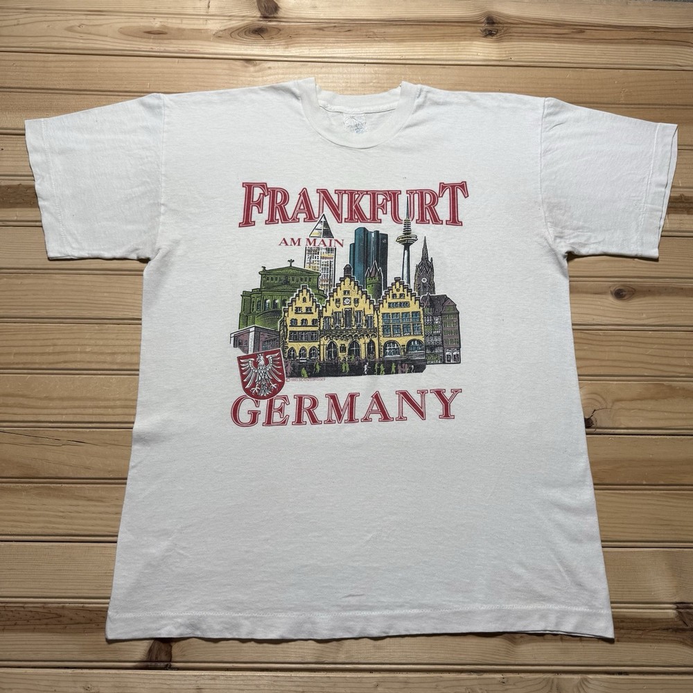 Vintage 90s Frankfurt Germany Skyline Clock Tower Shirt Size Large Single Stitch