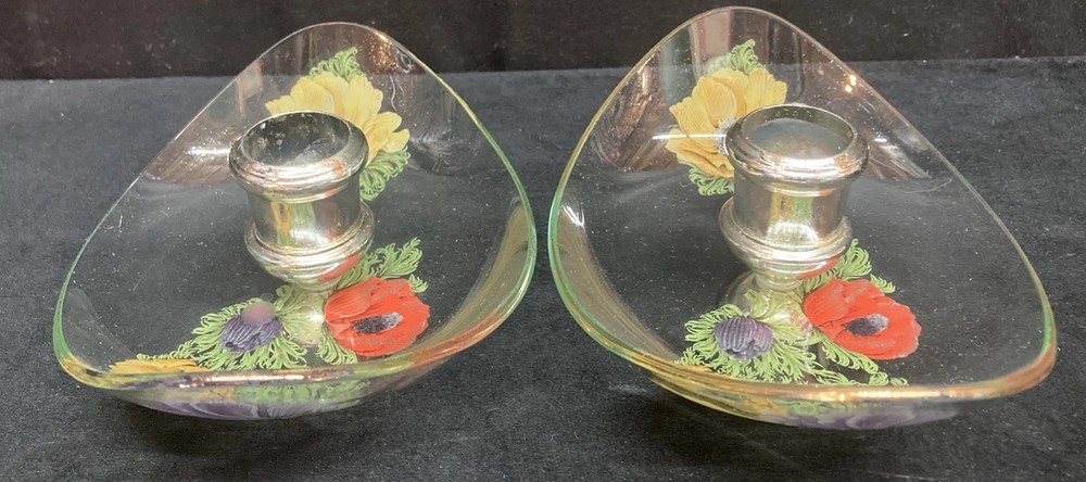Clear Glass Painted Floral Candlestick Holders Set of 2