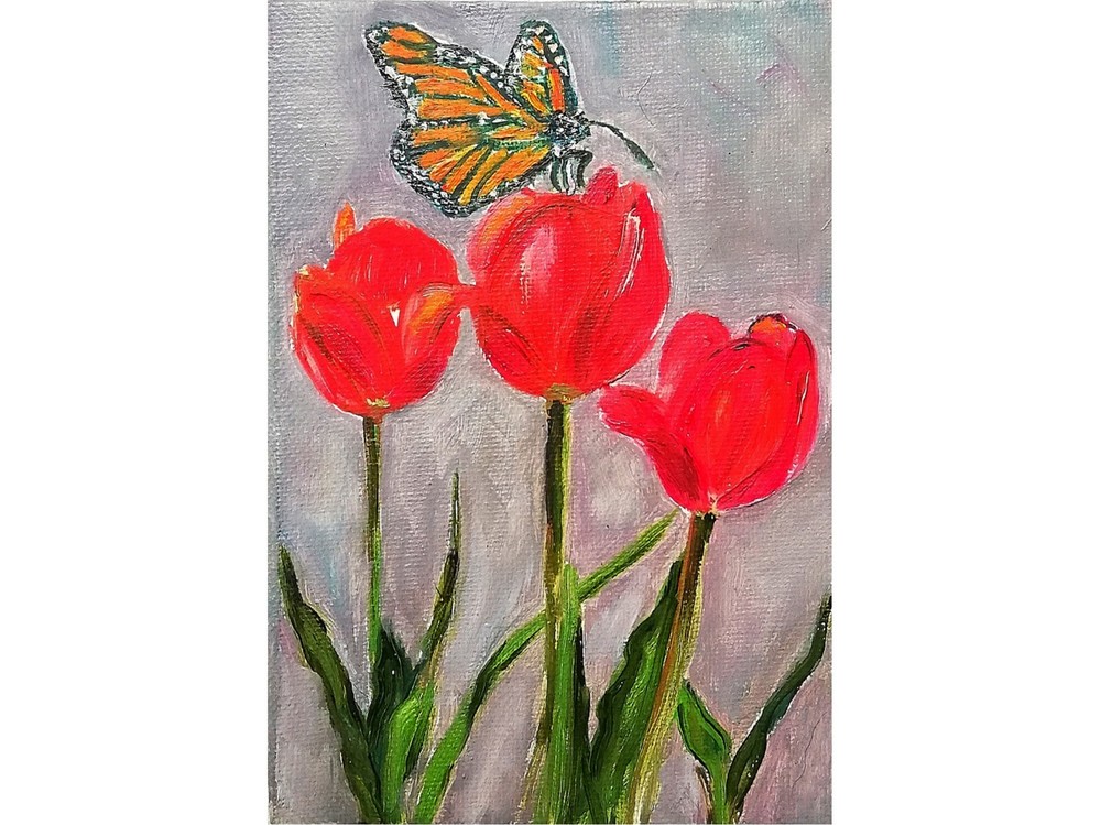 Oil Painting Original Tulips Monarch Butterfly on Flowers Small Floral Fine Art