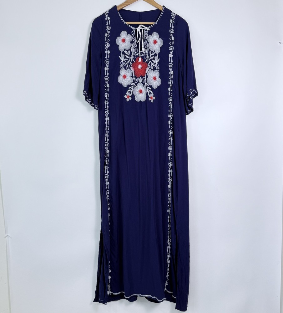 Embroidered Floral Maxi Dress Size S/M? Blue Side Slits Boho Beachy Hippie