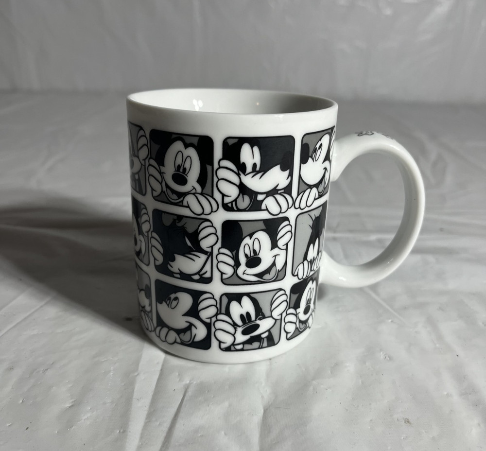 Disney Coffee Cup Mug Many Faces of Mickey Mouse and Goofy, Black & White Grid