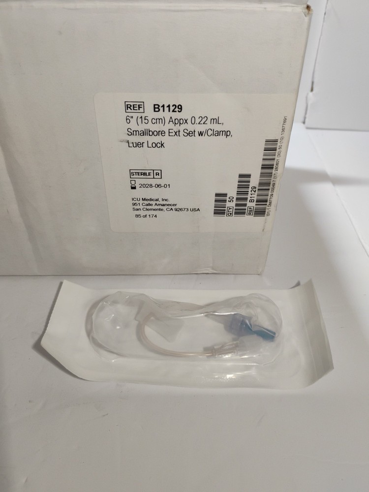 ICUMedical 50 Ct 6” 15cm appx 0.22 ML Smallbore Ext Set w Clamp Luer Lock B1129
