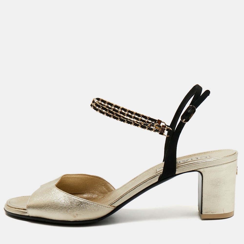 Chanel Gold Black Leather CC Chain Ankle Strap Sandals Size 42