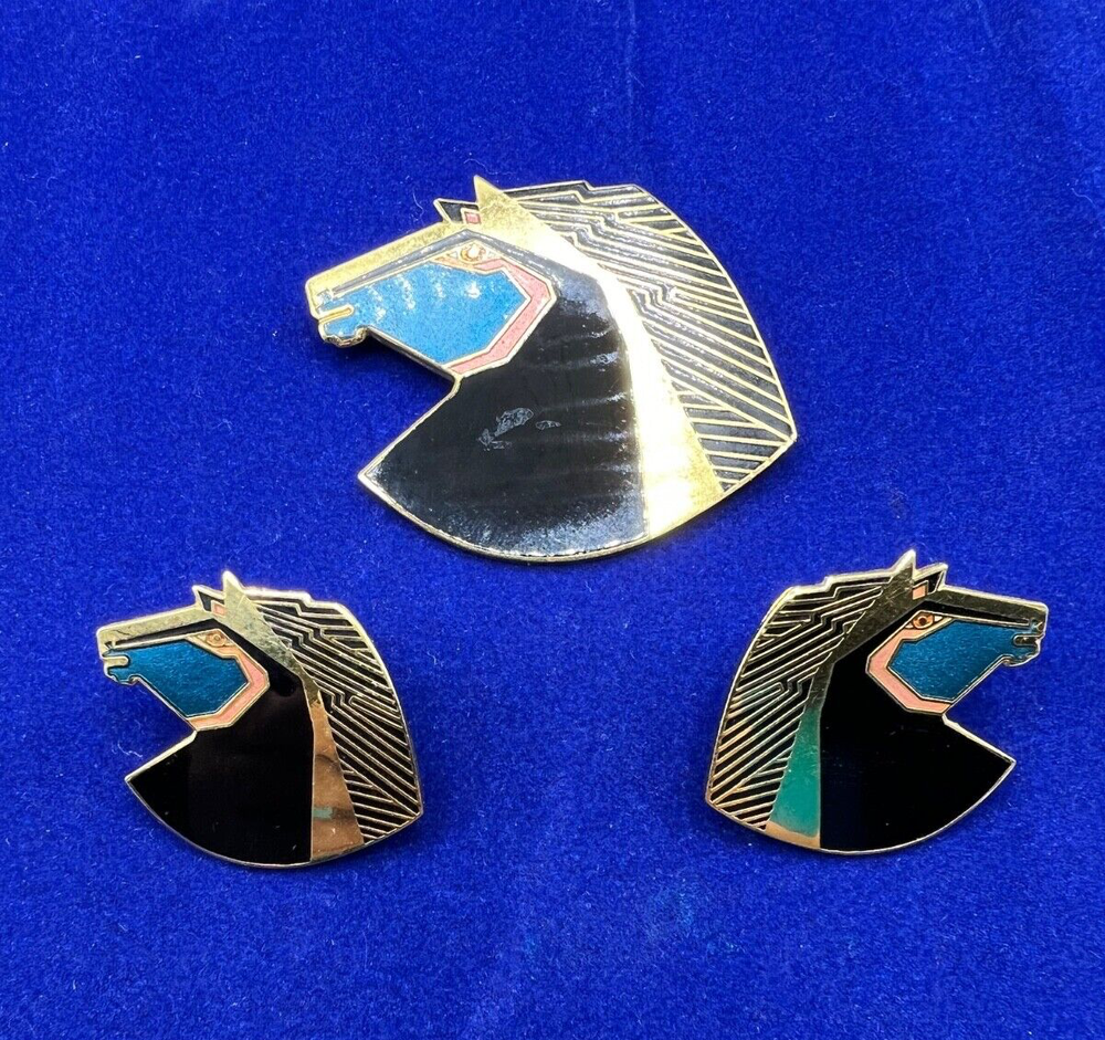 Laurel Burch Wild Stallion Brooch Pin And Earrings Set Enamel~Shows Signs of Use
