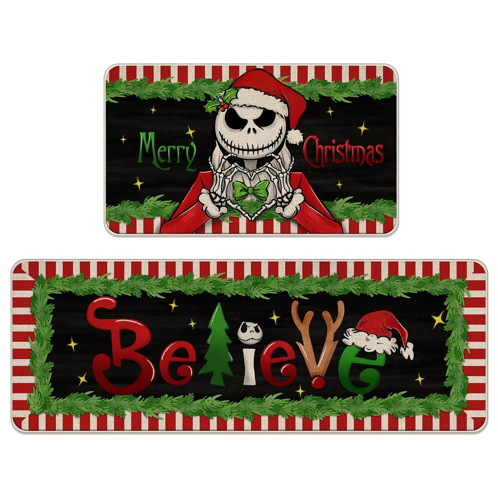 Merry Christmas Believe Kitchen Rugs Set of 2, Festive Jack Xmas Mats Decor for Holiday Style