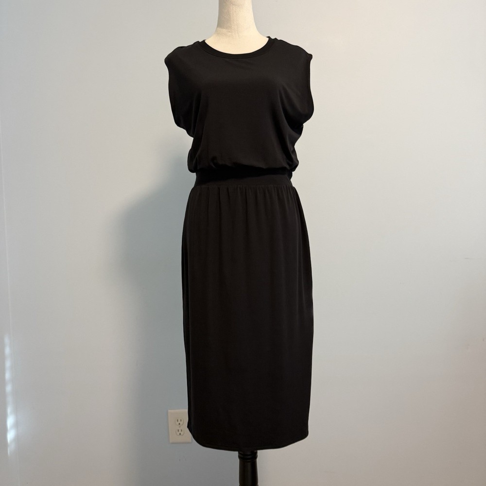Athleta Women's Santorini Black Cinch Waist Midi Soft Sleeveless Dress Size M