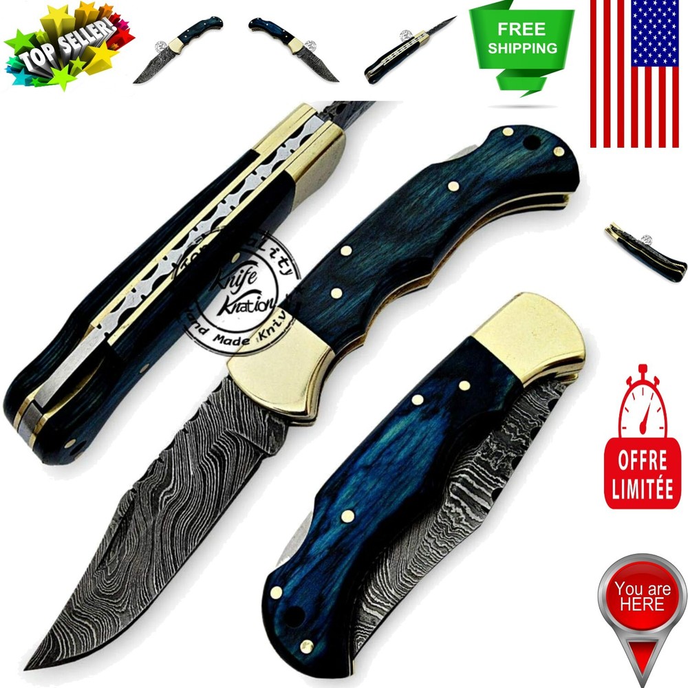 Stylish Damascus Blue Wood Folding Knife - Ideal Outdoor EDC Tool