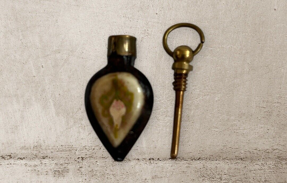 Antique Perfume Bottle Pendant Wood and Porcelain Flower Screw On Stopper RARE