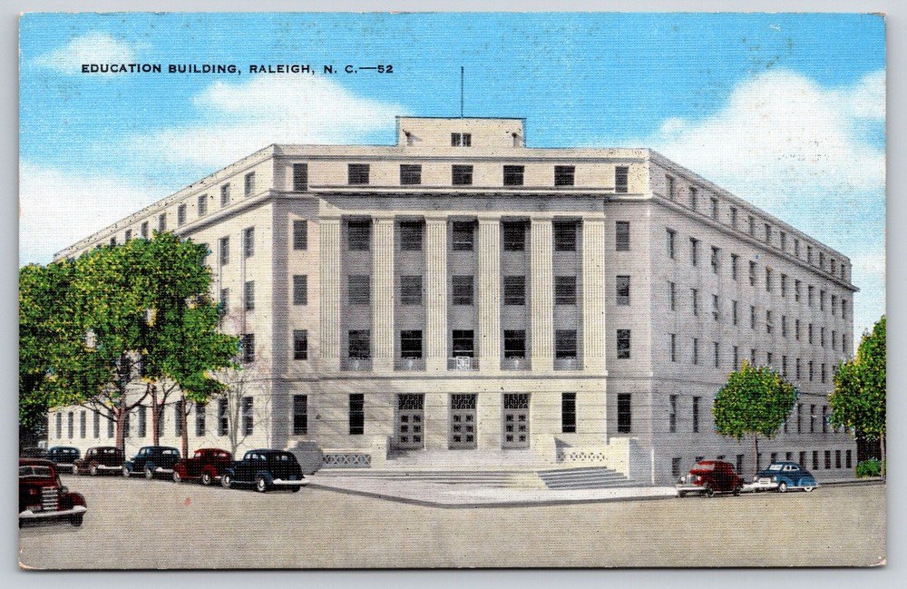 Raleigh North Carolina~Education Bldg St View~Cars~Art Deco~Linen 1940s Postcard