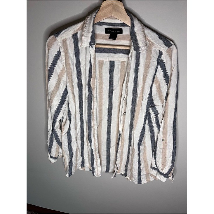 Tahari Womens Linen Blend Striped Button Down Shirt Blue Tan Size Large