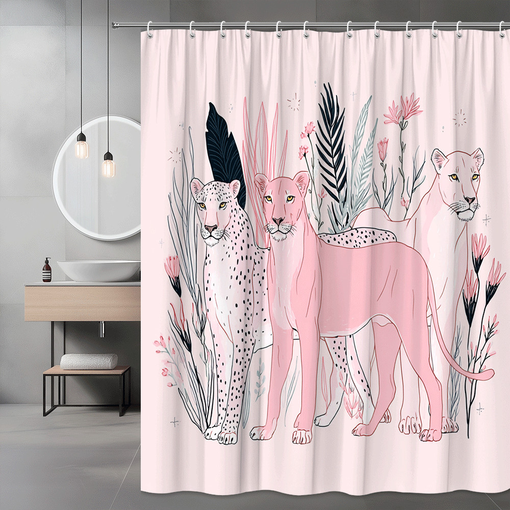 Pink Leopard Shower Curtain Floral Big Cat Print