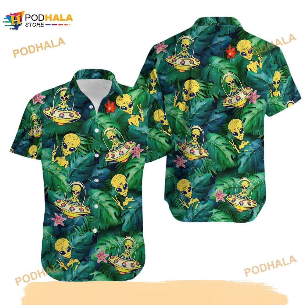 Alien UFO Funny Hawaiian Shirt Aloha Pattern Beach Summer Mens Party