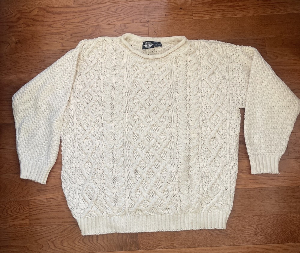 Roll Neck Chunky Cable Knit Cotton Sweater Cream White Size Fisherman Large
