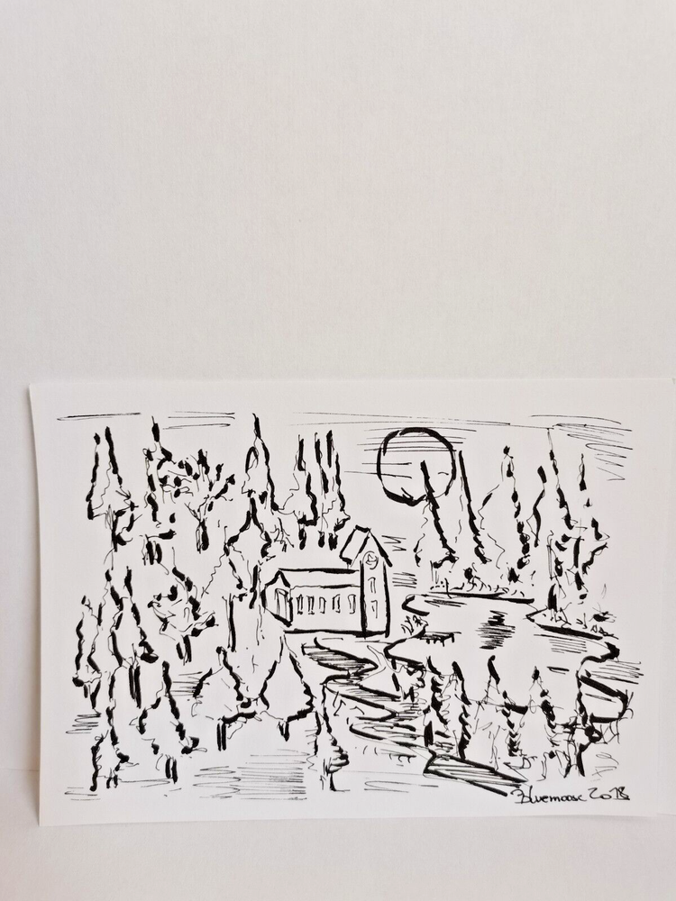 Unique landscape drawing ink on paper approx 10.5x14.5cm original