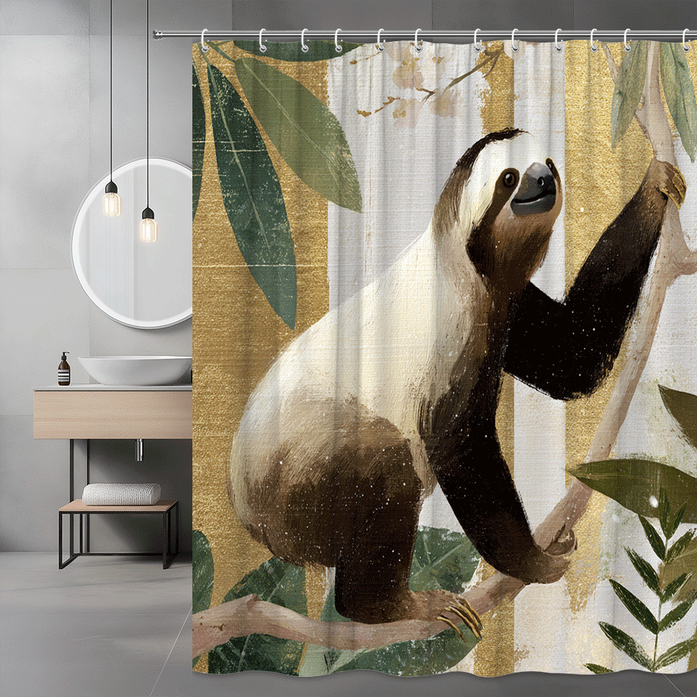 Sloth Jungle Leaves Shower Curtain, Tropical Animal Print