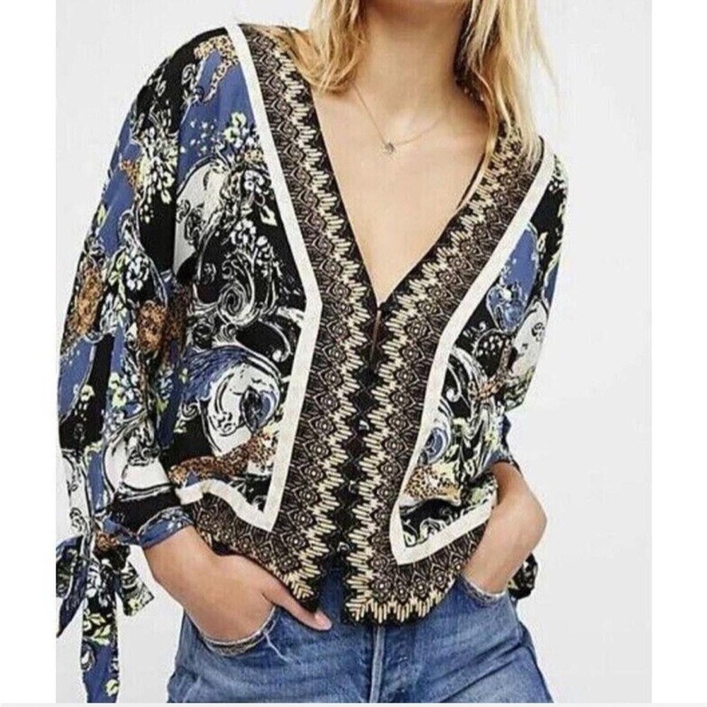 Free People Geometric Cheetah Print Tie Sleeve Blouse