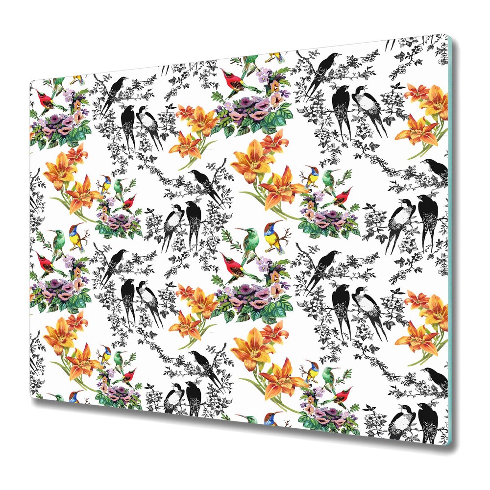 Glass Chopping Cutting Board Worktop Saver Birds full of Colour white 60x52