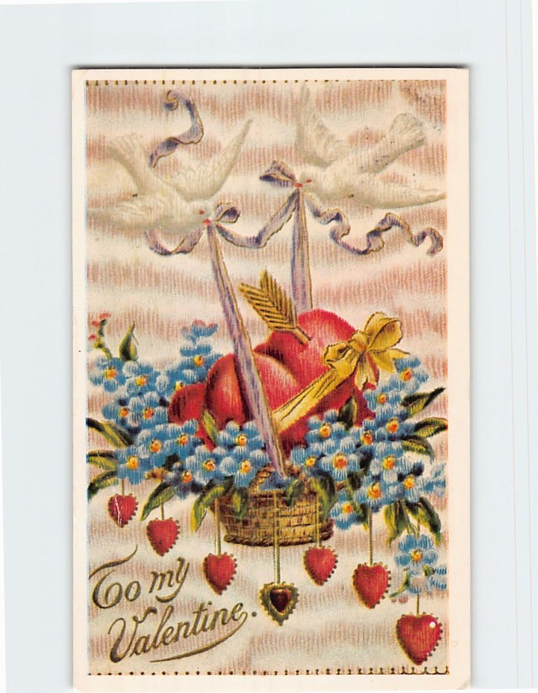 Postcard Basket of Flower & Heart Art Print To My Valentine Greeting Card