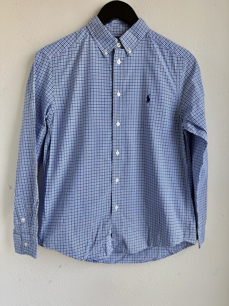 Ralph Lauren Boys Button Down Shirt Large 14-16 Blue White Gingham Navy Pony