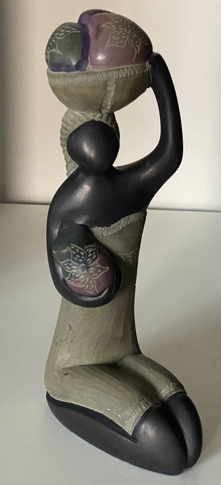 African Art Women with Basket Hand Carved Stone Sculpture Abstract 10” x 5” x 3”-image