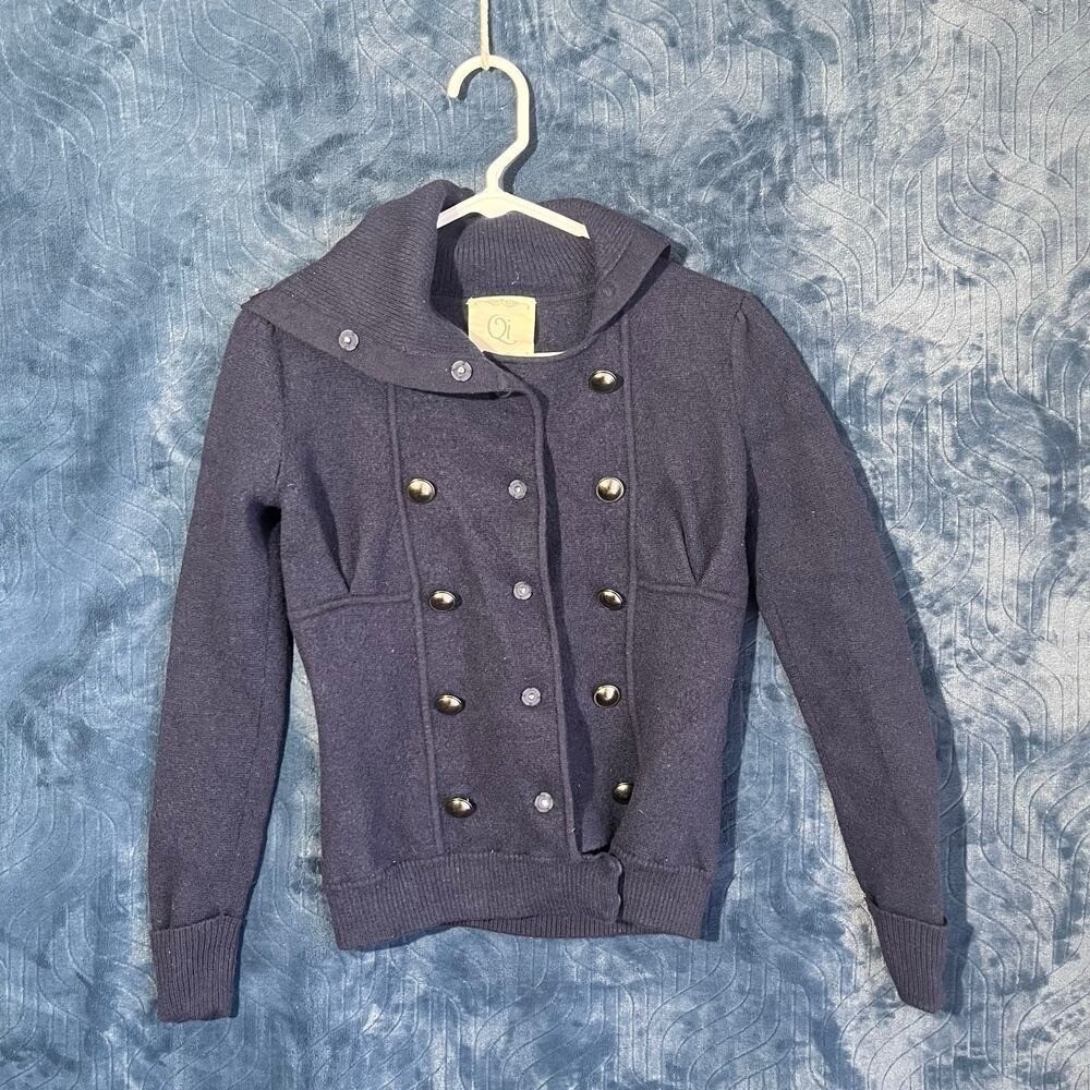 Vintage 90s Qi Navy Blue 100% Wool Button Cardigan Sweater Womens Size Small