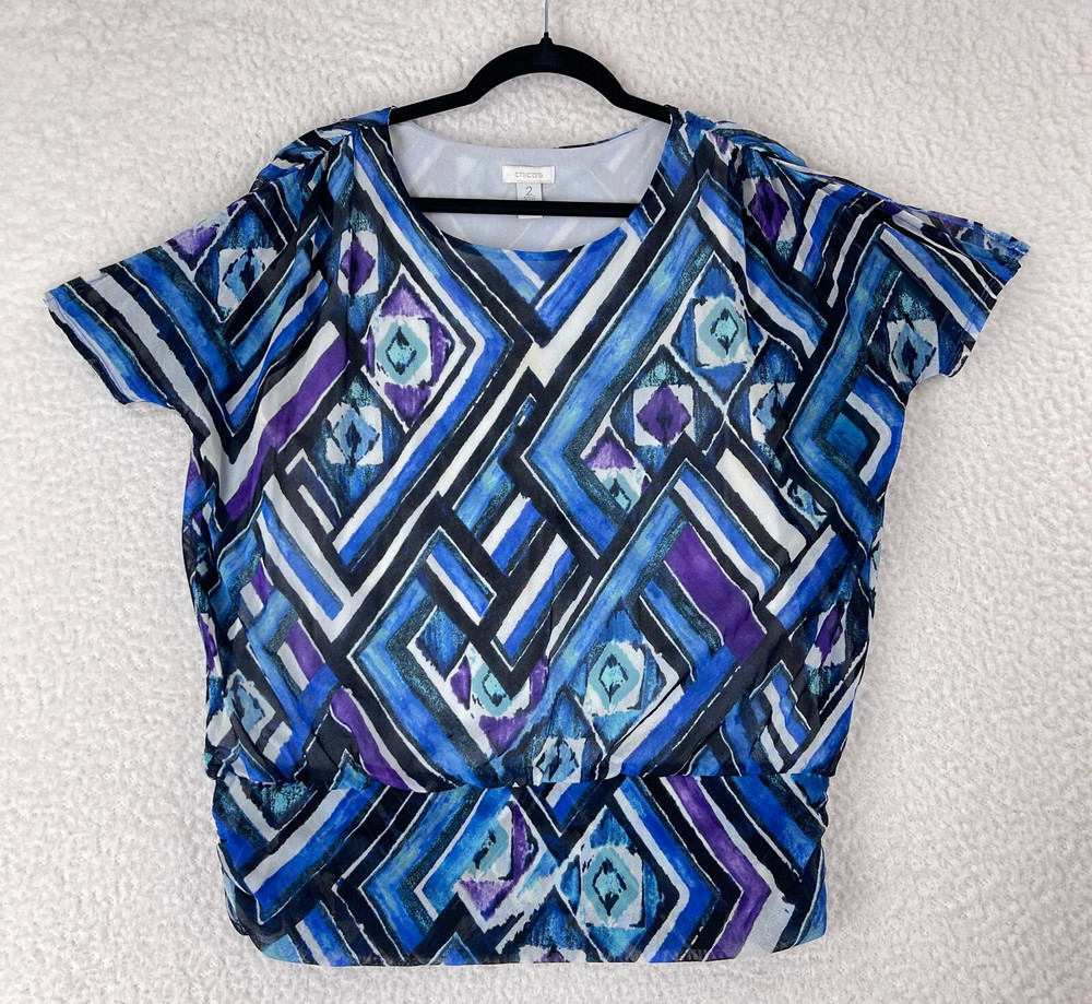Chico's Geometric Mesh Dolman Shirt Womens Large Blue Geo Print Short Sleeve Top