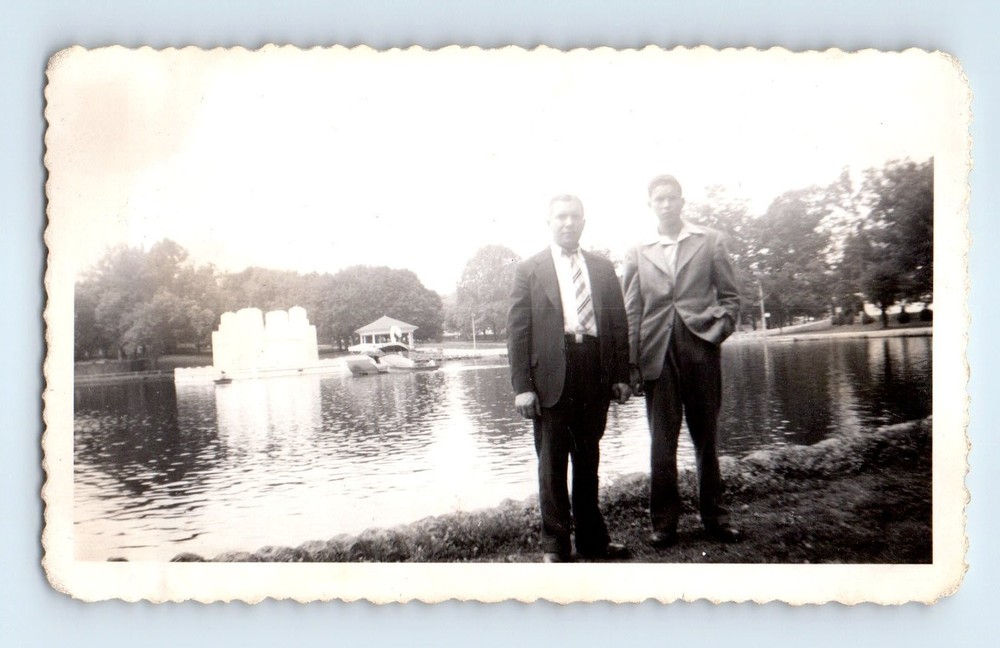 Old Vintage Photo MAN AND BOY IN PARK BY POND ANTIQUE SNAPSHOT PHOTOGRAPH