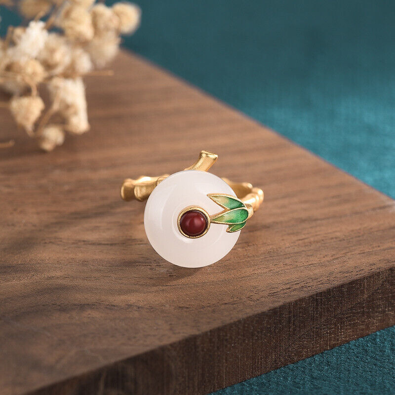 White Natural Jade Donut Rings Luxury 18K Gold Plated Amulet Real Jewelry