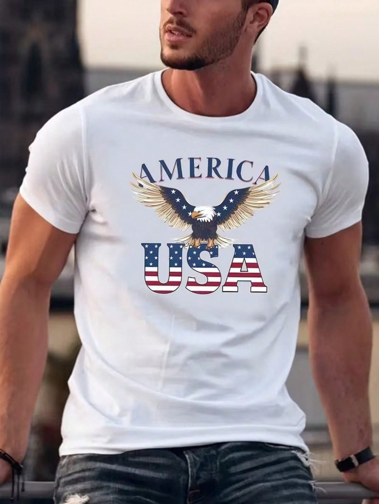 Men's White American Flag Eagle Patriotic Theme T-Shirt - Short-Sleeved
