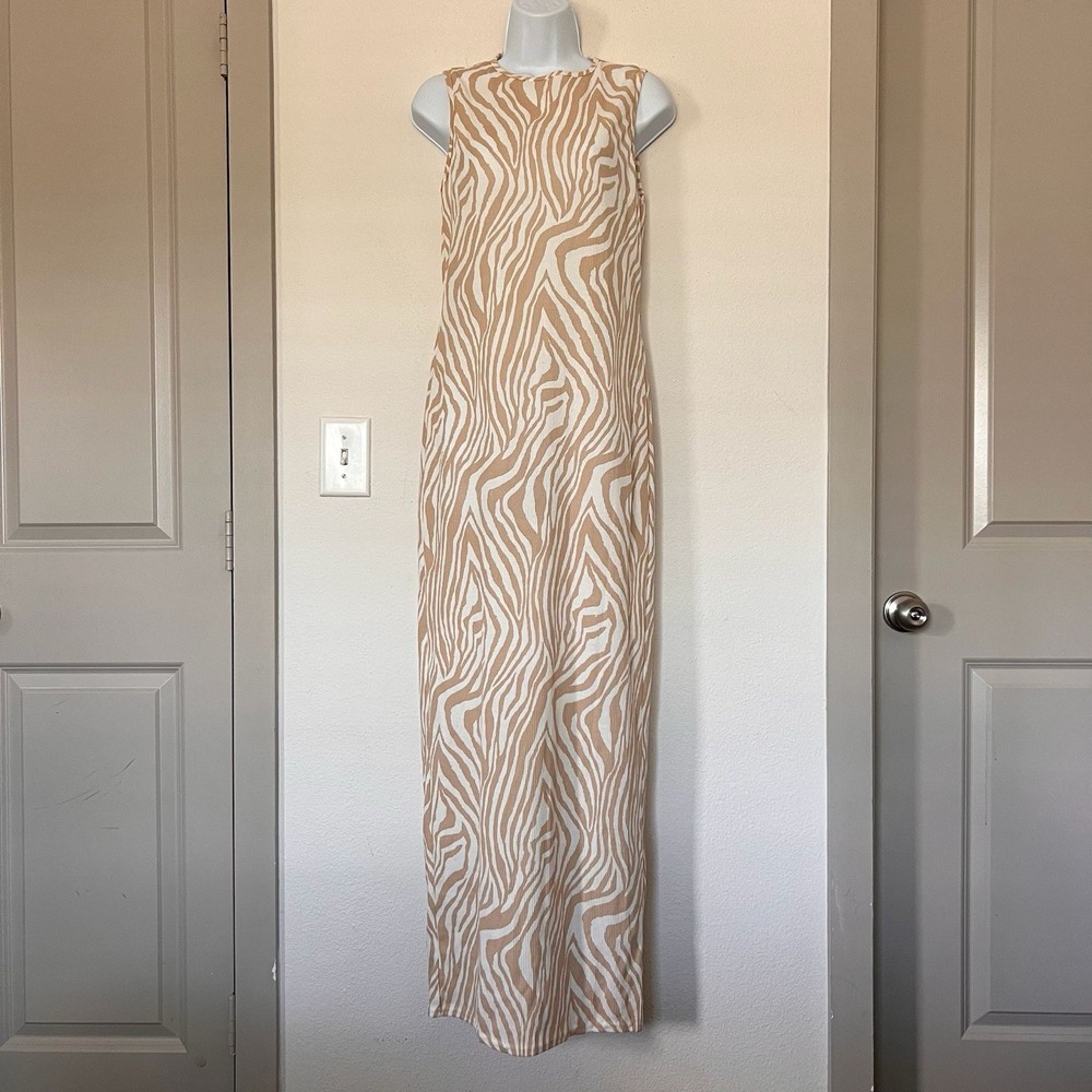 Boohoo Beige White Zebra Print Sleeveless Maxi Dress Size 12