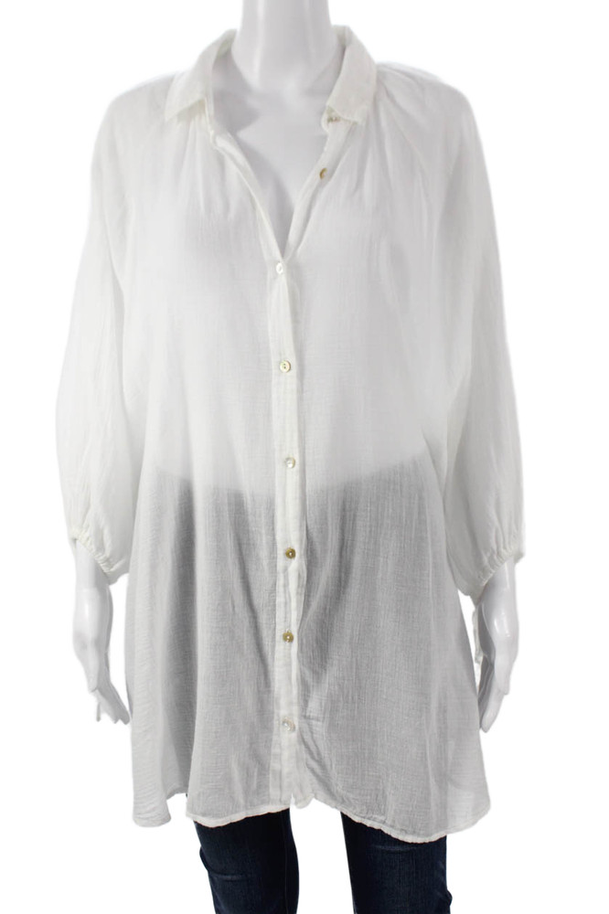 BOTEH Womens Tunic Blouse White Collared Cotton Voile Button Long Sleeve Size LFree Shipping in US $100+ Orders | $6.95 Orders Below