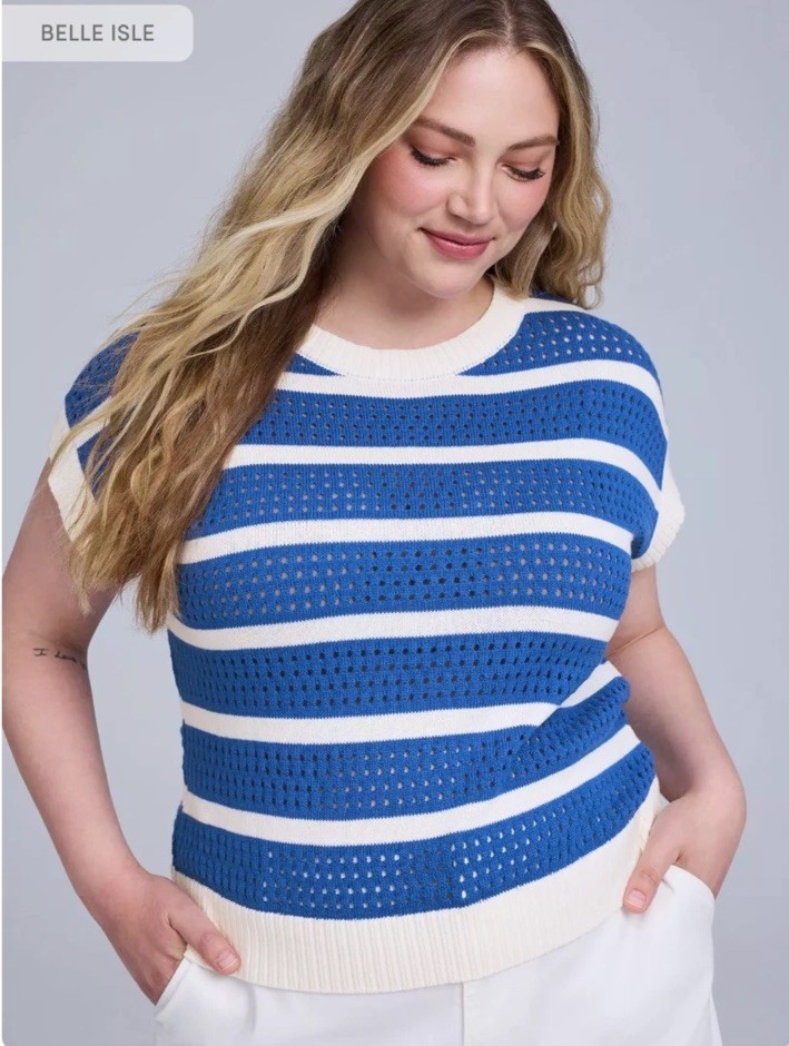 Belle Isle by Torrid Women's Pointelle Knit Top Blue white 100% Cotton Sz 2X