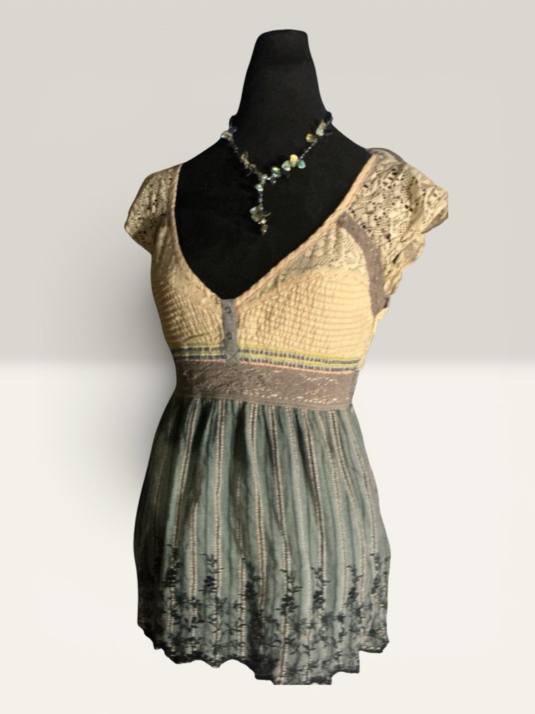 Free People Baby Doll Top Lace Embroidery Y2K Med Boho Hippie Cowgirl