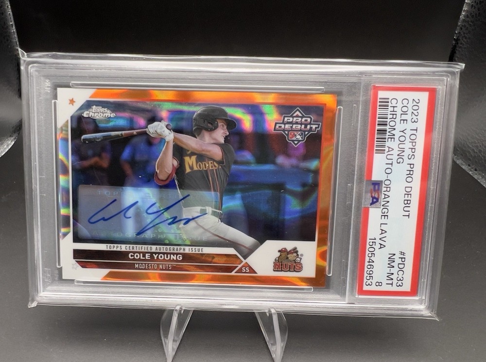 2023 Topps Pro Debut Chrome Auto Cole Young PDC-33 Orange Lava /25 PSA 8