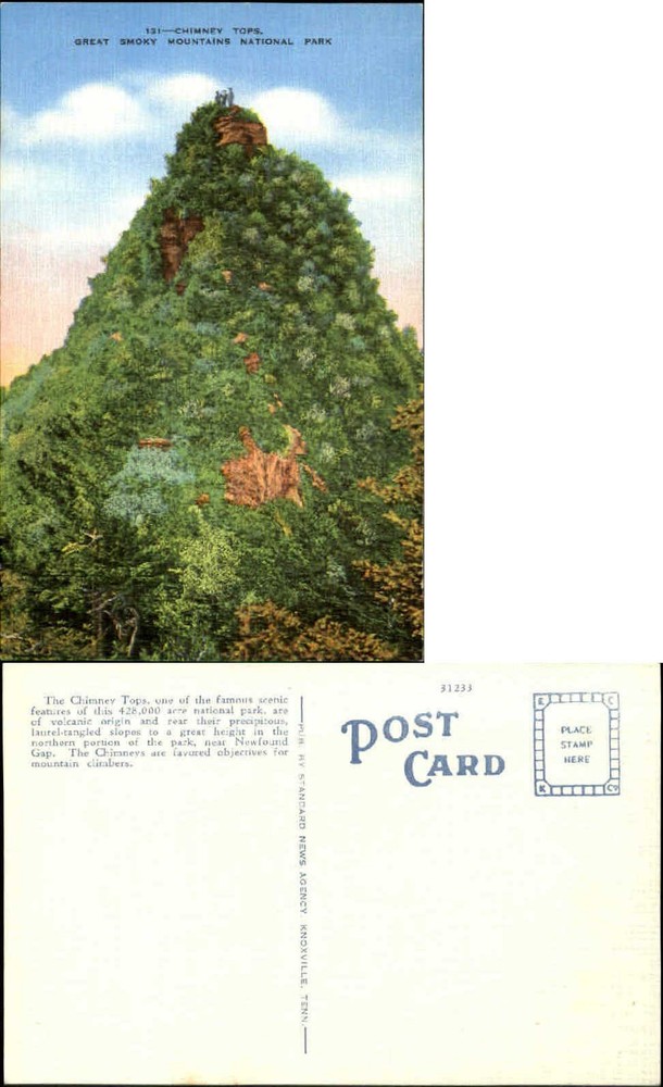 Chimney Tops Smoky Mountains TN vintage linen 1940s postcard