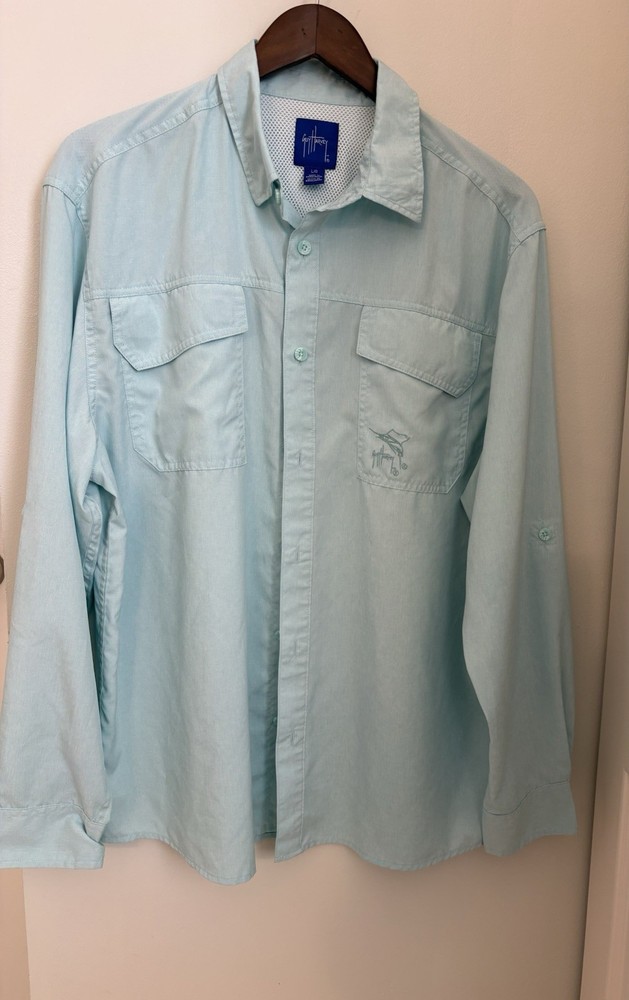 Guy Harvey Vented Fishing Shirt Men's L Blue Button Up Long Sleeve