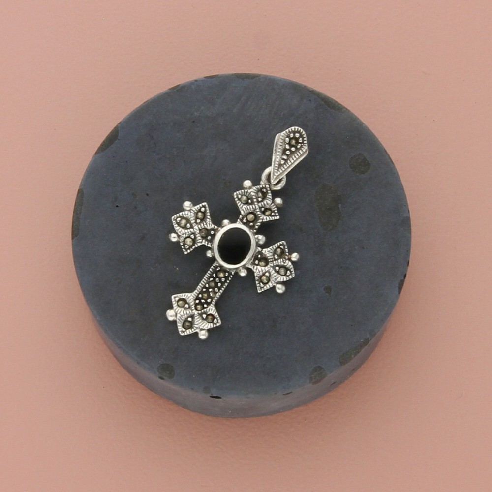 Sterling Silver Marcasite Onyx Cross Pendant with Studded Detail  