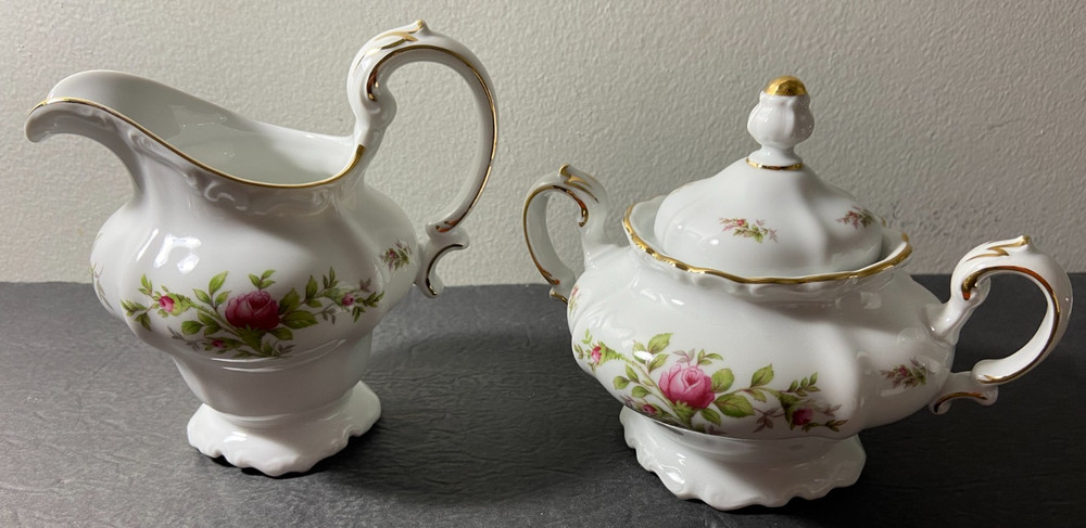 Vintage Johann Haviland MOSS ROSE Creamer & Sugar Bowl w/ Lid & Gold Trim