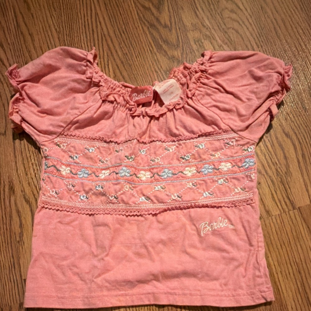 Barbie Girls Pink Floral Embroidered Short Sleeve T-Shirt Size 7/8 VTG