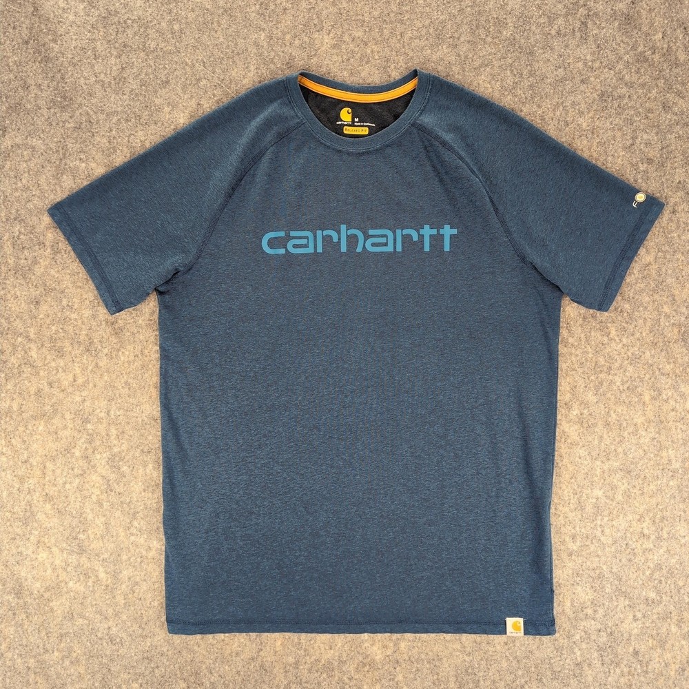 Carhartt Shirt Mens Medium Blue Force Relaxed Fit Logo Tee Quick Dry Workwear