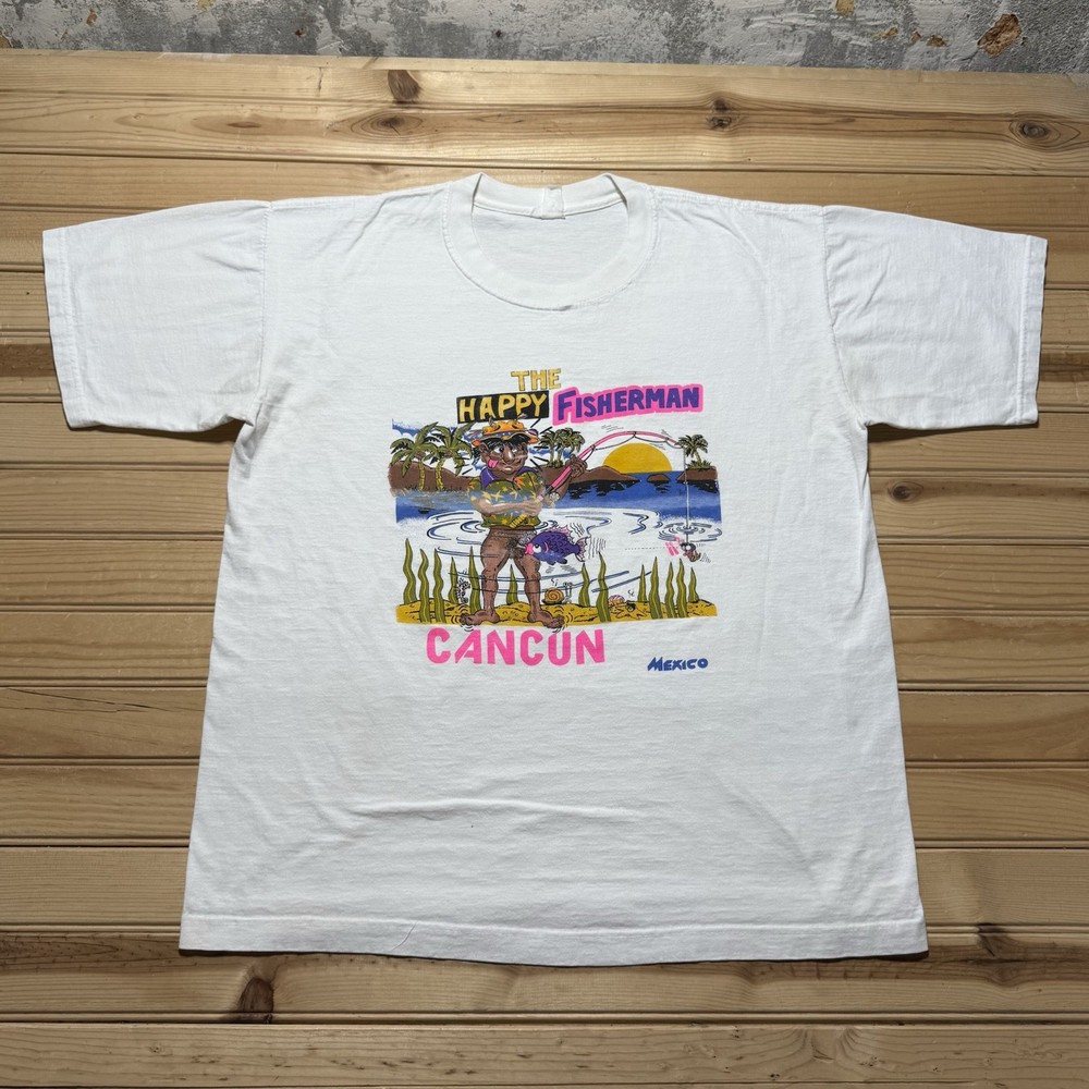 Vintage 80s 90s Happy Fisherman Naughty Cancun Funny Cartoon Neon Shirt Size XL