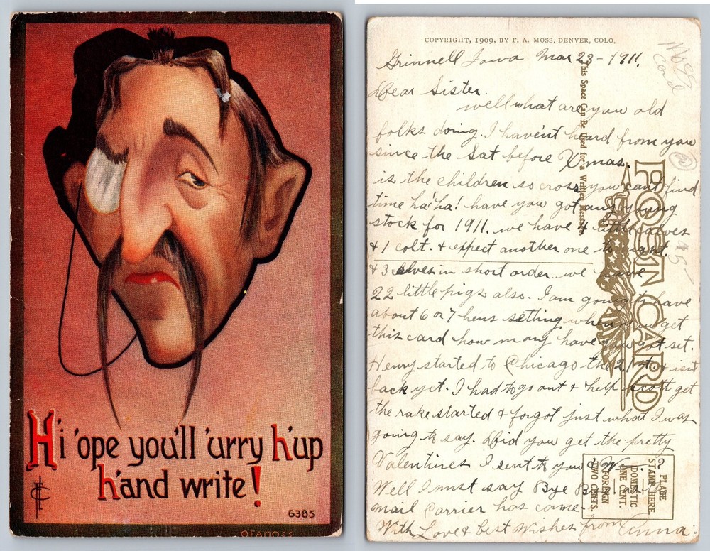1909 F. A. Moss Comic Postcard Grinnell Iowa Man Monocle 